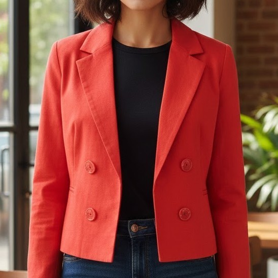 Liz Jordan Linen Blend Cropped Jacket Blazer Size 8 Red Herringbone Lined Office