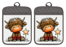 Highland Cow Holiday Star Gift Pot Holders Oven Mitts Hot Pad Linen Towel XDZ349