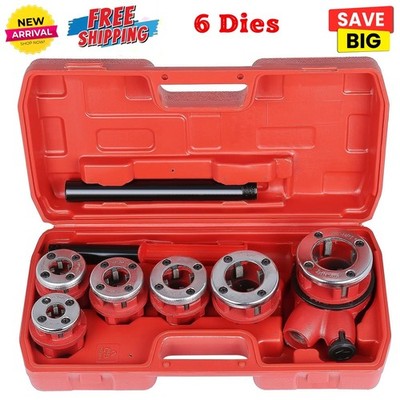 Manual Ratcheting Pipe Threading Tool w/ 6 Dies for Steel, Iron, Plastic Pipes