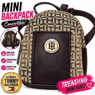 Tommy Hilfiger Mini Backpack Brown Monogram TH Logo Crossbody Bag Convertible...