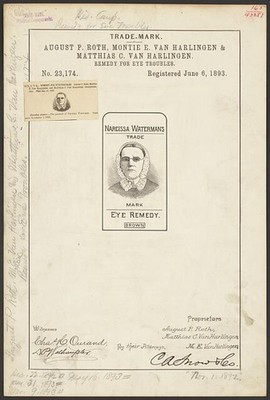 1893 Trademark Narcissa Watermans Eye Remedy August P Roth Van Harlingen