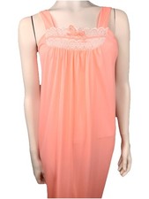 Vintage 70s Peach Lace  Nylon maxi slip dress lingerie Nightgown small