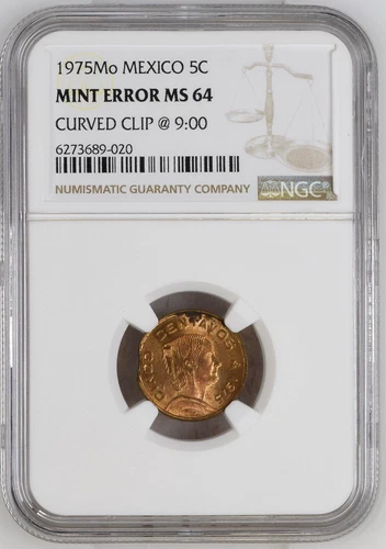 1975-Mo Mexico 5C Centavo Mint Error Curved Clip @ 9:00 NGC MS 64