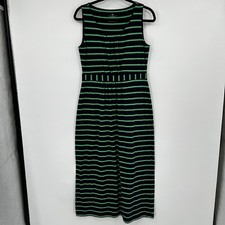 Talbots Petites Navy Green Striped Maxi Dress MP Empire Waist Sleeveless Cotton