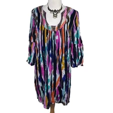 Trina Turk Colorful Brushstroke Print Dress Embellished Neckline Bohemian Style