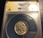 1913-D 5c Buffalo Nickel Var. 1, ANACS MS62 (Should be Higher). STC!