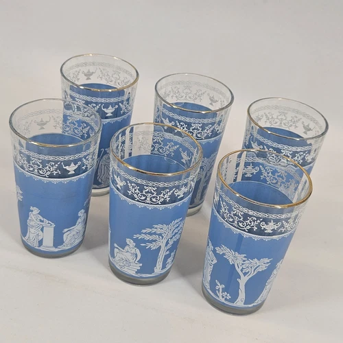 Vtg Jeanette Glass Highball Blue Wedgwood Greek Replacement Cottage MCM 5" 6pcs