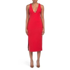 Hutch Red V-Neck Midi Dress Bodycon Sheath Slit Sleeveless Cocktail Size L NWT