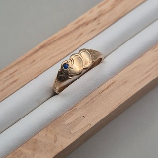 Vintage 9k Yellow Gold Double Hearts Blue Stone Ring Size L/6 1.73 g FY#8602