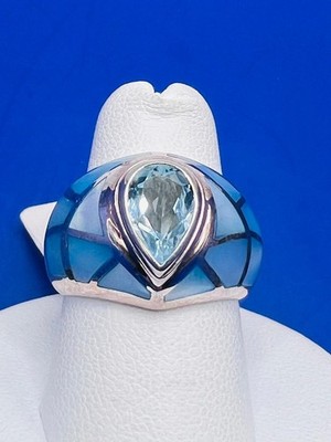 925 Silver CNA Thailand Mother of Pearl Abalone (MPO)-Blue Topaz Ring Size 7