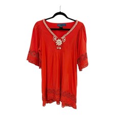 Urban Mango Eyelet Lace Sleeve Embellished Beaded Tunic Sz L Red C10