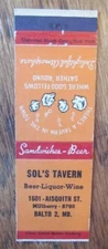 BALTIMORE, MARYLAND: SOL'S TAVERN 1940s MATCHBOOK MATCHCOVER -E