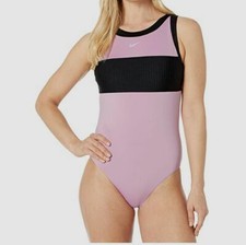  84 Nike Women's Pink Solid Splice High Neck One-Piece Frosted Plum Swimwear XS