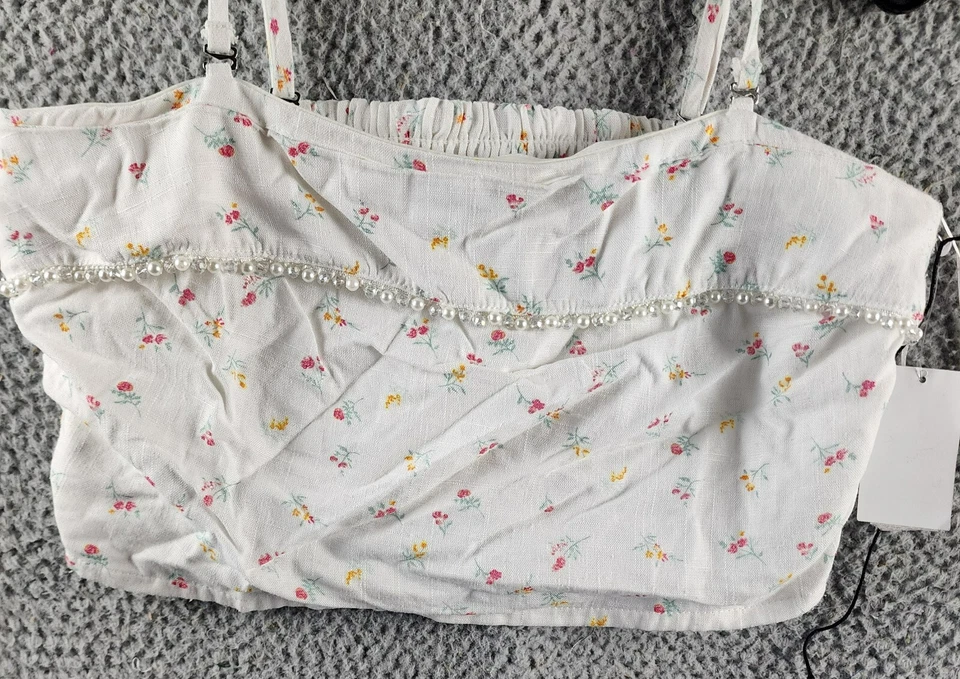 Wildfox Odessa Linne Blend Crop Top 女式 M 白色多珍珠串珠套衫 — 第 3/4 张图片