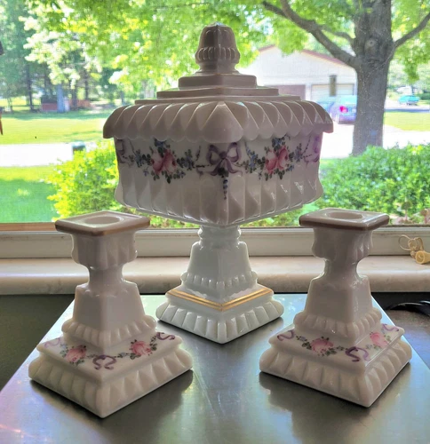 VTG Westmoreland Milk Glass Pedestal Dish and Matching Candle Holders Wedding