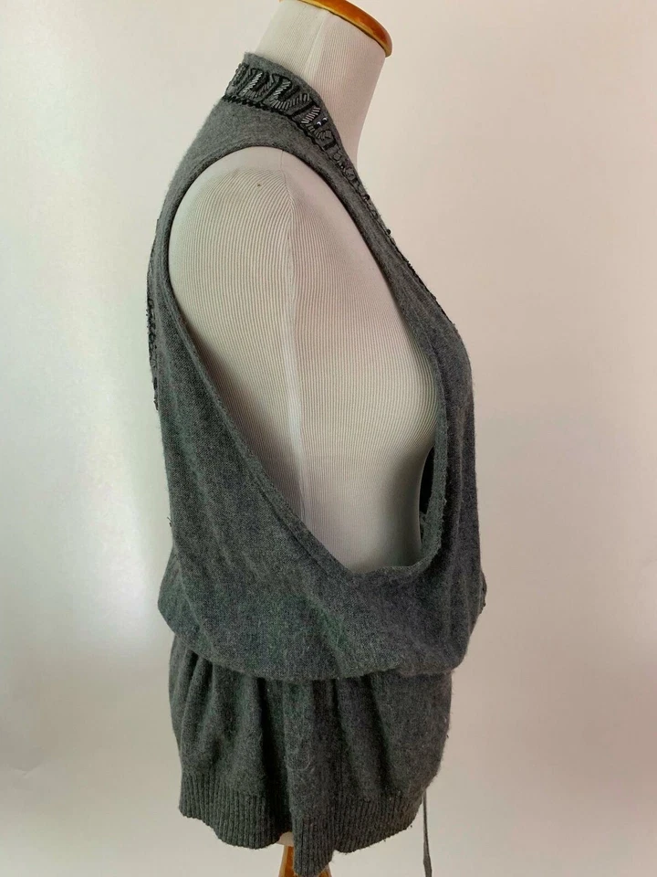 NANETTE LEPORE anthropologie gray beaded long vest drawstring waist S - Image 2 of 4