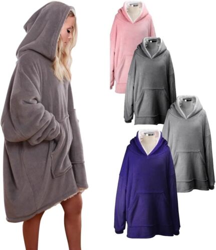 REVERSABLE SHERPA HOODIE OVERSIZED SOFT WARM FLEECE LINED LOUNGE SLEEVES POCKET - Picture 1 of 10