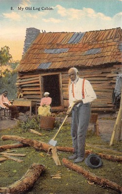 My Old Log Cabin Old Man Chopping Wood Black Americana Postcard