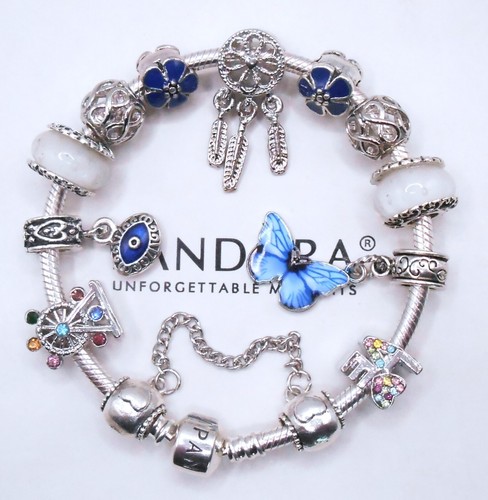 PANDORA SILVER BRACELET WITH BUTTERFLY EVIL EYE WHITE GLASS & BLUE THEMED CHARMS - Picture 3 of 8