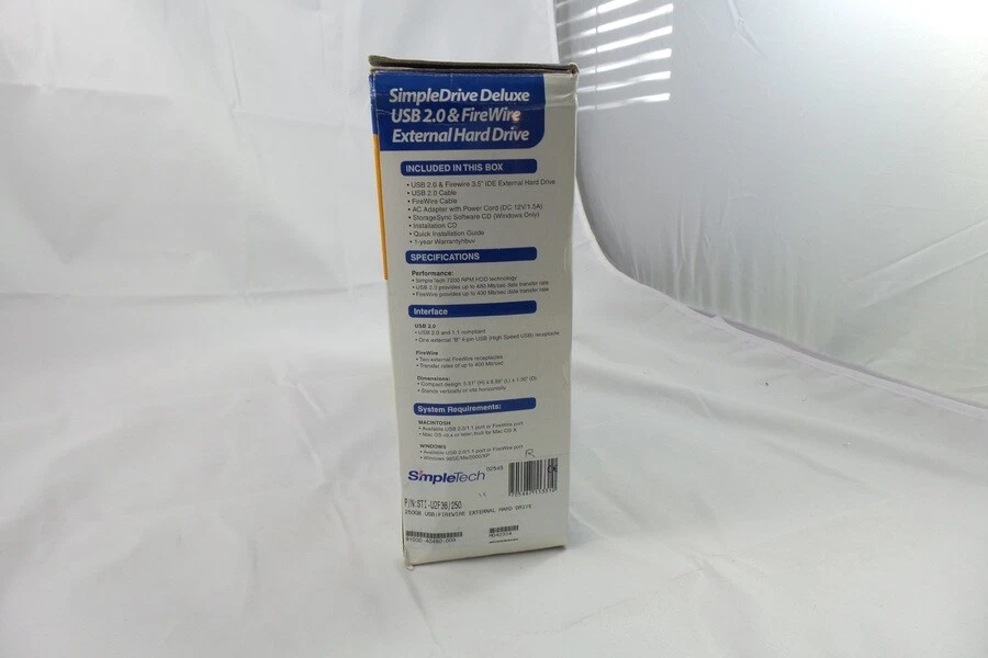 SimpleTech 250GB USB 2.0/Firewire 400 3.5-in External Hard Drive (STI-U2F36/250) - Image 2 of 2