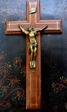1940s ANTIQUE LG WALL CROSS MAHOGANY BRASS INLAYS GILT CORPUS