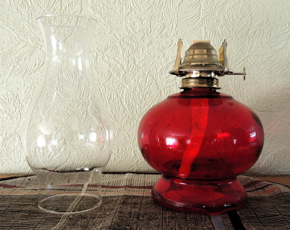 Lamplight Farms Oil Burner Lamp with Clear Chimney & Round Red Glass