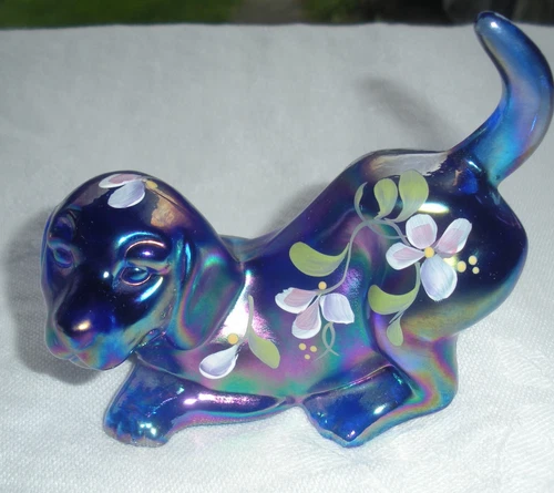 Fenton Art Glass Dog Figurine Carnival Cobalt Blue Iridescent HandPainted Floral