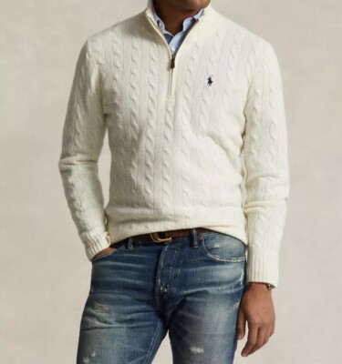 $168 Polo Ralph Lauren Men Cable-Knit Wool-Cashmere Quarter Zip Sweater  Cream XS