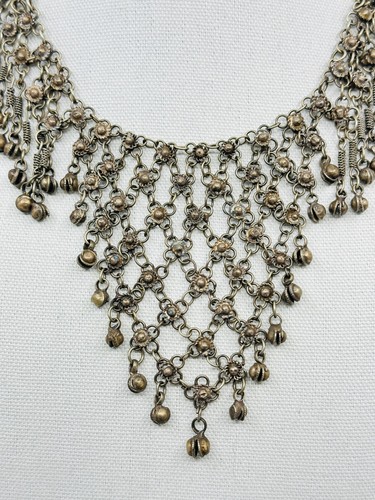 Vintage Beduoin Bib Necklace 3 Tier Bells Flowers Mesh Brass Hook Closure Estate - Picture 2 of 9