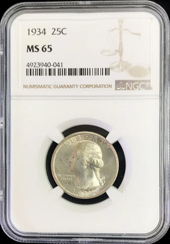 1934 US SILVER WASHINGTON QUARTER 25C COIN NGC MINT STATE 65
