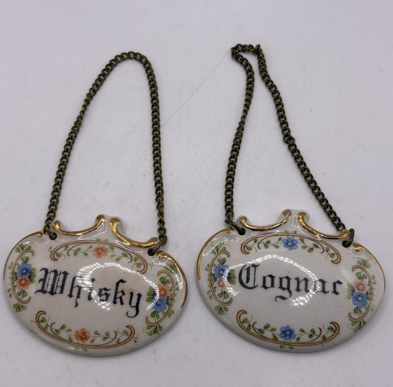 2 Vintage Porcelain Liquor Bottle Tags COGNAC & WHISKEY - Italy