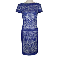 TADASHI SHOJI Blue White Lace Overlay Short Slv Dress Sz 8
