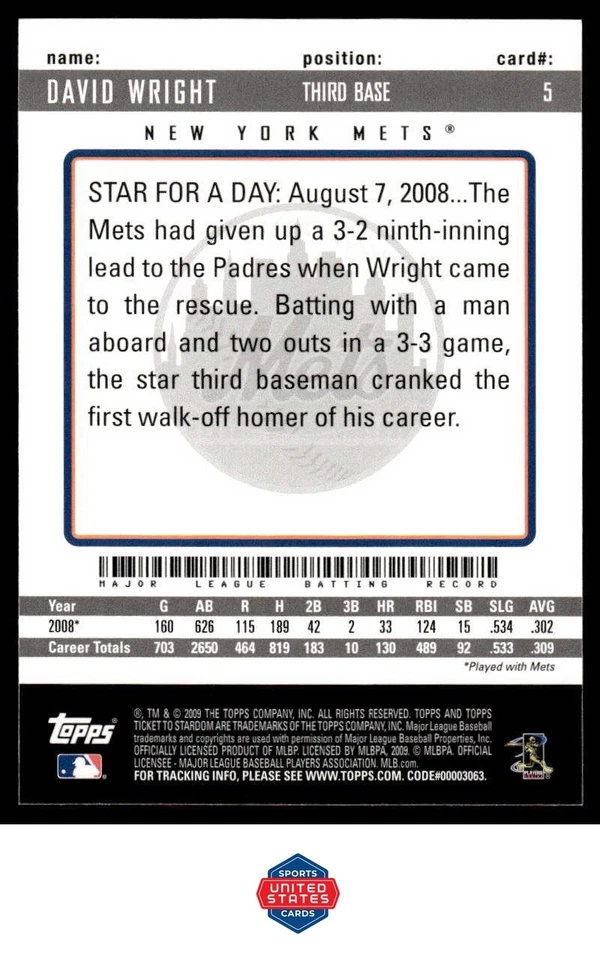 2009 Topps Ticket to Stardom #5 David Wright - Image 2 of 2
