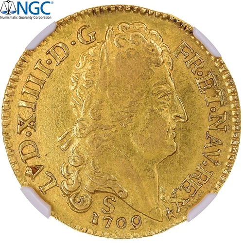 France, Louis XIV, louis d'or au soleil, 1709, Reims, fake period, gold, NGC
