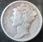 1937-P MERCURY DIME, VF CONDITION, CIRCULATED, NOT CLEANED