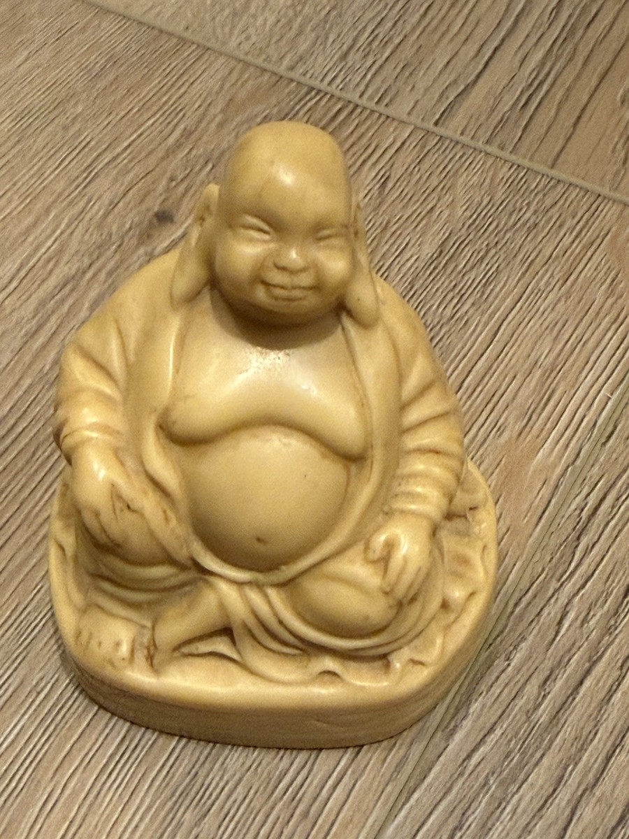 Vintage Laughing Buddha Figurine Faux Ivory Resin Mini Statue 3