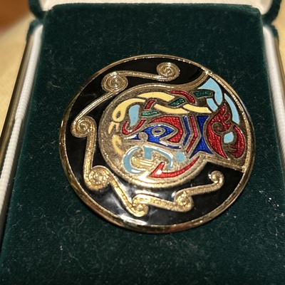 TARA OF DUBLIN BROOCH, Round Enamelled Pin, Book of Kells Design, Original Box