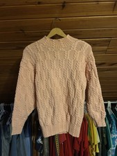 Vintage Pink Knit Sweater Crewneck Textured Cable Pullover Cozy Retro Womens