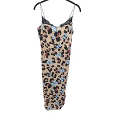Y2K Slip Midi Dress Women XL Tan Leopard Print Butterflies Black Lace Whimsigoth
