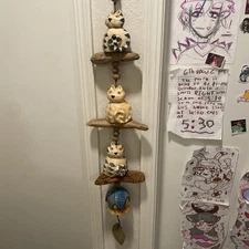 RARE HAZEL OLSEN STUDIO POTTERY EARTHENWARE CAT DRIFTWOOD WIND CHIME Signed 46"