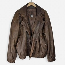 Vintage 80s90s greg bell brown genuine leather bomber jacket size Large