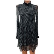 SEZANE Dress 100% SILK Long Sleeve Black White Polka Dot Stand Up Collar 36 - XS