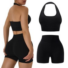 Workout Sets for Women 2 Piece Backless Halter Sports Bra High Waist Booty Sh...