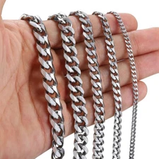 16"-30" Stainless Steel Silver Chain Cuban Curb Men Women Necklace 3/5/7/9/11mm 