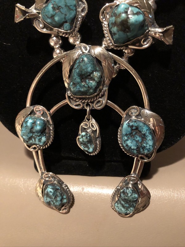 Native Jeweler Genuine ROYSTON Turquoise Nuggets Squash Blossom Necklace