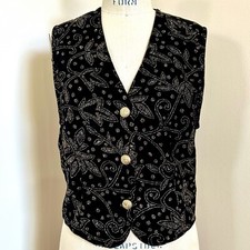 Vintage 80s Velvet Vest Black Gold Dressbarn Embroidered