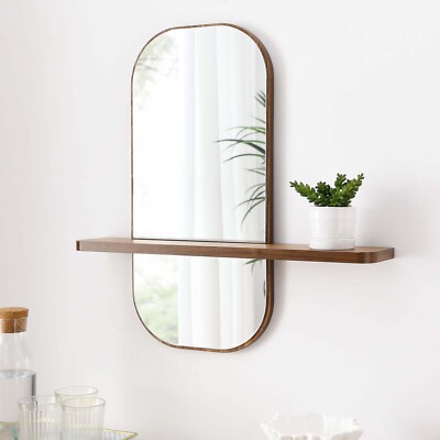 Modway Solstice Hanging Wall Wood Grain Rectangular Mirror in Walnut With Shelf