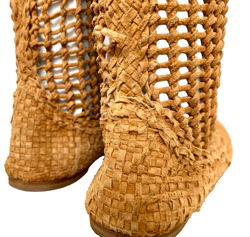 Tapeet Vicini Italy LIGHT BROWN Leather Open Weave/Crochet Boots Size 38.5 US 8 - Picture 16 of 23