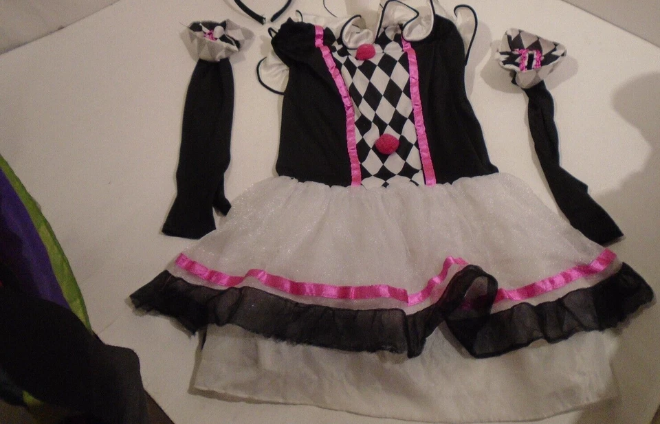 Halloween Circus Harlequin Jester Clown Girls teen 12/14 Black White Dress Hat - Image 2 of 4