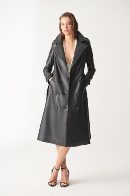 Black Leather Long Coat Women Pure Lambskin Trench Coat Handmade Casual Stylish